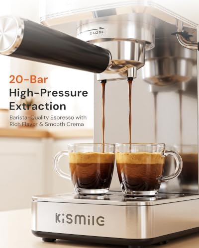 Kismile 20 Bar Espresso Machine with Milk Frother, Compact Semi-Automatic Espresso Maker, Stainless Steel, Pressure Gauge, 1.4L Water Tank, Hot Water Function for Cappuccino & Latte (Silver) - Image 2