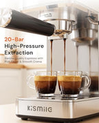 Kismile 20 Bar Espresso Machine with Milk Frother, Compact Semi-Automatic Espresso Maker, Stainless Steel, Pressure Gauge, 1.4L Water Tank, Hot Water Function for Cappuccino & Latte (Silver) - Image 2