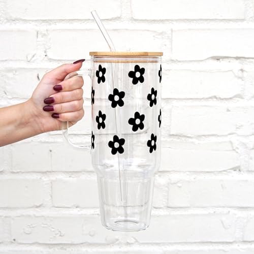 Sip-Sip Hooray! Daisy Floral 40oz Glass Tumbler with Lid and Straw, Floral Iced Coffee Cup, Cottagecore Cup Gift for Women - Image 2