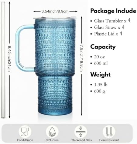 20 oz Blue Glass Tumbler with Lid and Straw, Glass Iced Coffee Cups, Spill-proof Glasses Tumbler with Handle, Glasses Drinking Set of 4, Vintage Glassware for Cocktail, Smoothies - Image 7
