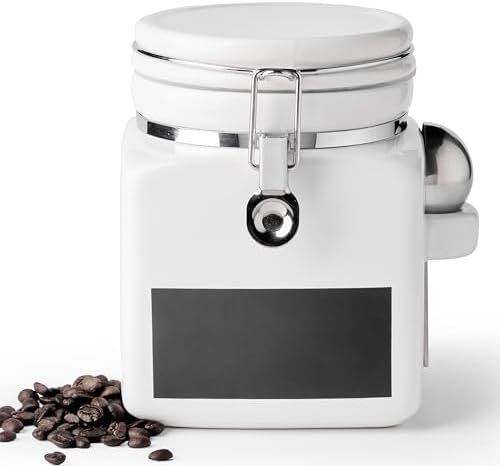 Ceramic Coffee Canister with Airtight Lid and Scoop, Large 74 Fl Oz / 2.2 L Kitchen Food Storage Container Jar for Grounds Coffee, Beans, Tea, Sugar, Flour, Cereal, Nuts, Cookie, White by MIECOO+MIECOO