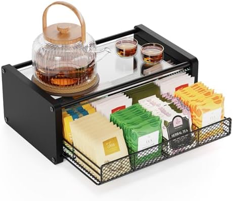 Tea Bag Organizer, Tea Organizer and Storage with Drawers, Tea Bag Holder with Divided Compartments, Wooden Kitchen Organizers and Storage for Kitchen, Countertop, Office, Tea Station by NANAGIFTREE