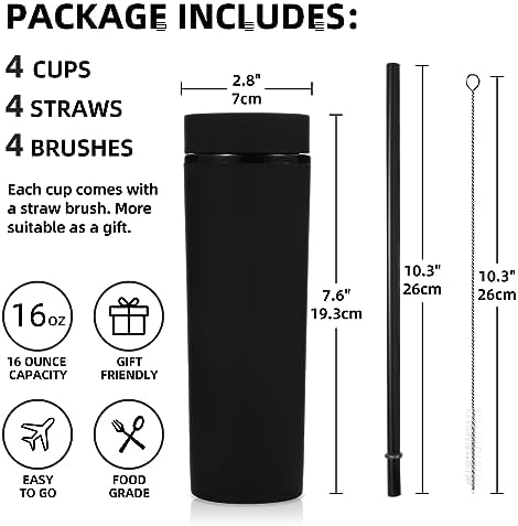 Volhoply 16oz Plastic Skinny Tumbler with Lid and Straw Bulk 10 Pack,Insulated Double Wall BPA Free Matte Acrylic Tumblers,Iced Coffee Travel Reusable Party Cup,Customizable Diy Gifts(Black,10 Set) - Image 2