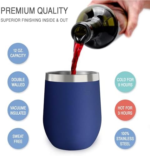 CHILLOUT LIFE 12 oz Stainless Steel Wine Tumblers 4 Pack - Double Wall Vacuum Insulated Wine Cups with Lids and Straws Set for Coffee, Wine, Cocktails - Powder Coated Navy Blue - Image 5