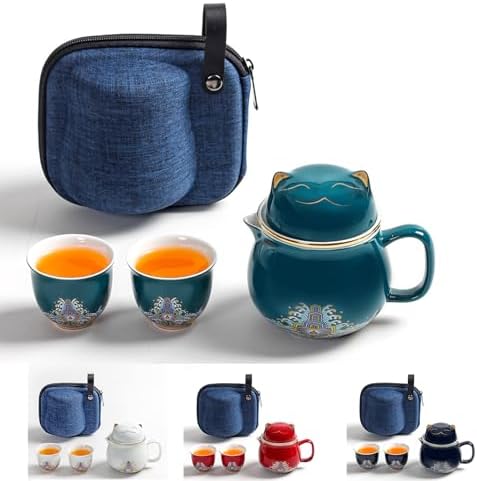SHELFLOVER Beautiful Tea Mug Portable Set, White Porcelain Easy to Clean Keep Tea Hot Long, Easy Carried Travel/Office/Home Drink, Cute Cat, Green, 10oz by SHELFLOVER