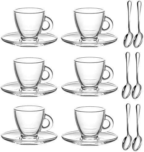 Espresso Cups with Saucers and Spoons Set of 6, Glass Demitasse Cups for Cappuccino Latte Café Mocha Tea and More Beverage, 3.2OZ/95ML, Clear by GURUDAR
