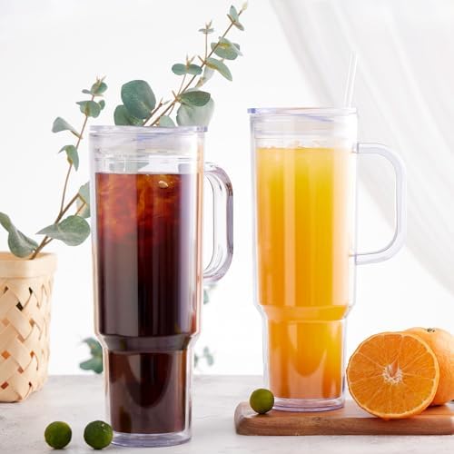 40 oz plastic tumbler with handle and Straw Lid，clear tumbler，Double Wall Vacuum Reusable plastic Water Bottle Travel Mug Cup，Classic Acrylic Tumblers (4 Pack) - Image 7