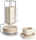 Sweese Porcelain Espresso Cups Set, 2.5 oz, Stackable with Saucers Metal Stand, Beige, 4 Pack by Sweese