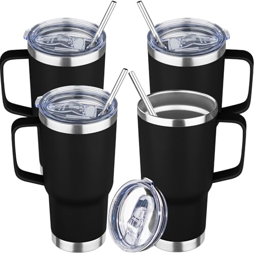 20 oz Tumbler with Handle Stainless Steel Insulated Coffee Tumbler with Lid and Straw Double Wall Vacuum Insulated Coffee Mug Leak Proof Travel Mug Tumbler for Hot and Cold Drink (Black,4pack) by YEBTSLife