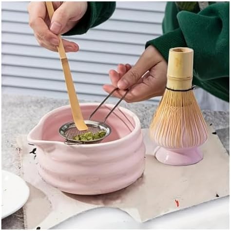 5 Pcs Pink Ceramic Matcha Bowl And Whisk Set Includes And Holder Scoop Sifter Tea Ceremony Kit - Image 3
