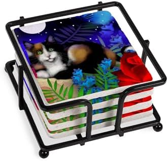 CafePress CALICO CAT MOON GARDEN Tumbled Stone - Set of 4 Coasters Set of 4 w/holder by CafePress