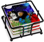 CafePress CALICO CAT MOON GARDEN Tumbled Stone - Set of 4 Coasters Set of 4 w/holder by CafePress
