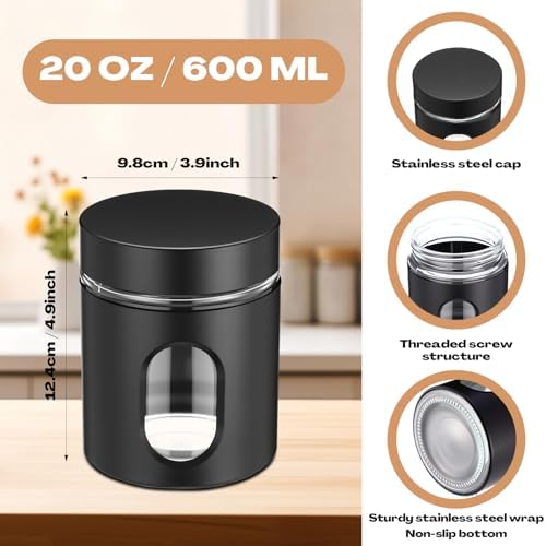 Mimorou 3 Pcs Stainless Steel Canister Set with Glass Windows Visible Storage Jars Silver Kitchen Canister Set for Pasta Flour Oat Sugar Container, Kitchen Tools, Housewarming Gifts (Black,20 oz) - Image 2