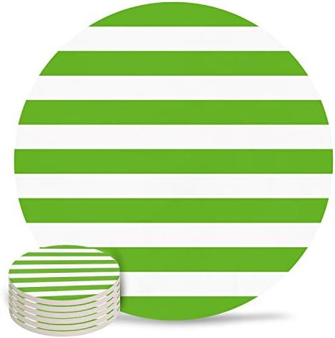 Coasters for Drinks Set of 6, Green and White Stripes Ceramic Cup Mat, Absorbent Ceramic Stone Coasters with Cork Base for Coffee, Cups, Wooden Table, Home Decor 4 Inch by Daleng