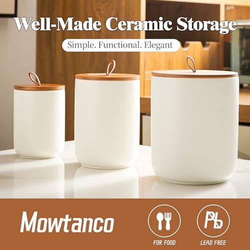 Mowtanco White Ceramic Canister & Jar Set, Airtight Bamboo Lids 3-Piece - Image 4