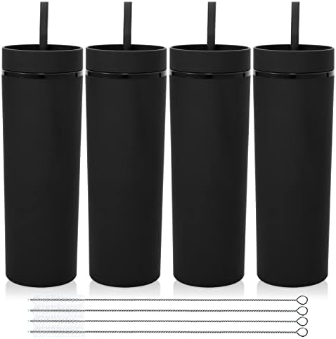 Volhoply 20oz Plastic Skinny Tumblers Bulk 4 Pack,Double Wall Tumbler with Lid and Straw,Reusable Travel Iced Coffee Mug,BPA Free Matte Acrylic Water Cups with Straw for Party,DIY Gifts(Black,4 Set) by LiveFully%EF%BC%8CDrinkFreely%E2%80%94KeepGoingwithVolhoply%EF%BC%81