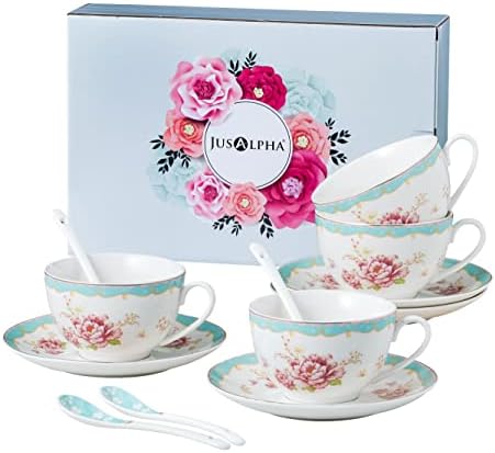 Jusalpha Serve of 4 Vintage Rose China Tea Cup/Coffee Cup Spoon and Saucer Set- 7 Oz, Afternoon Tea Set, Gift for Women TCS29(4) by Jusalpha