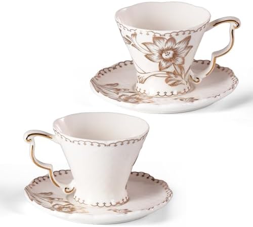 Tea Cups and Saucers Set of 2, 6.4oz Stackable Porcelain Coffee Cup, YFH17 by KAMMAK