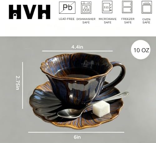 HVH Cappuccino Cups with Saucers Set of 4, 10 oz Reactive Glaze Ceramic Coffee Cup For Espresso, Latte, Cafe Mocha, Tea Cups and Saucer Set for Kitchen or Cafe, Corn Poppy Series (Reactive Darkblue) - Image 3