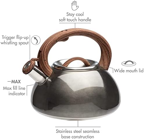 Primula Avalon Whistling Stovetop Tea Kettle, Food Grade Stainless Steel Wide Mouth, Fast to Boil, Cool Touch Handle, 2.5-Quart, Gunmetal Grey and Wood-Look - Image 2