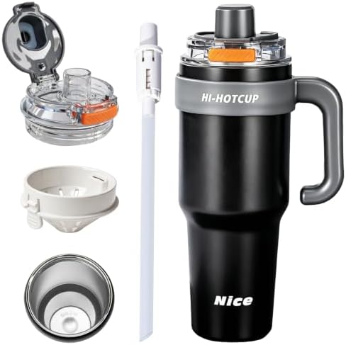 HI-Hotcup-42.58oz Insulated Stainless Steel Travel Mug with Handle, 316/Ceramic Liner Vacuum Tumbler, Leak-Proof Hot Cold Coffee Cup with Straw & Tea Infuser for Car, Outdoor-04 by Unknown