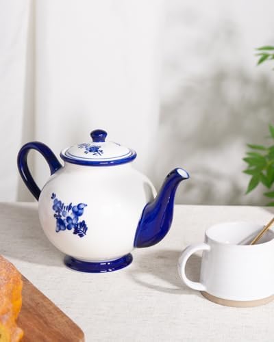 45 Ounce Tea Pot with Infuser, Ceramic Blue and White Teapot, Flowers - Image 7