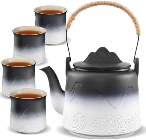 ZENS Japanese Tea Set with 4 Cups, 33.8oz Ceramic Infuser Pot for Loose Tea by ZENSLIFESTYLE