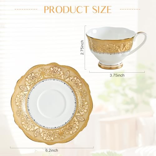Luxury White & Gold Embossed Tea Cups and Saucers with Teapot, Sugar Bowl, & &Creamer, Vintage European Porcelain Coffee Set for Tea Party, Wedding, Gift (Gold Lace, 4pcs/set) - Image 6