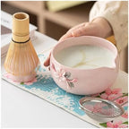 6PCS Pink Ceramic Matcha Bowl With Spout Handmade Flower Whisk Tool Gift Set - Image 3