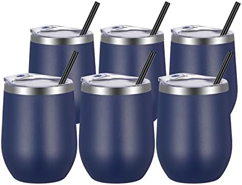 VEGOND Wine Tumblers Bulk 6 Pack, 12oz Stainless Steel Stemless Wine Glass with Lids and Straws, Double Wall Vacuum Insulated Tumbler Cup, Coffee Mug for Cold Hot Drinks by VEGOND