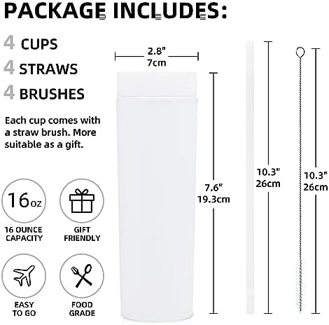 Volhoply 16oz Plastic Skinny Tumbler with Lid and Straw Bulk 8 Pack,Insulated Double Wall BPA Free Matte Acrylic Tumblers,Iced Coffee Travel Mug Reusable Party Cup,Customizable Diy Gifts(White,8 Set) - Image 2
