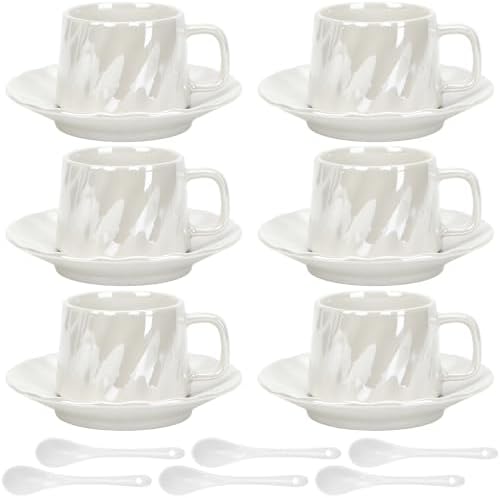 Coffee Cups with Saucers Set of 6, 6.8 oz (200 ml) Ribbed Pearl Ceramic Coffee Mugs, 6 Cups with Saucers and Spoons, Elegant White Coffee Cup Set for Espresso, Cappuccino, Latte, Home and Office by YourLifeCollector