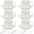 Coffee Cups with Saucers Set of 6, 6.8 oz (200 ml) Ribbed Pearl Ceramic Coffee Mugs, 6 Cups with Saucers and Spoons, Elegant White Coffee Cup Set for Espresso, Cappuccino, Latte, Home and Office by YourLifeCollector