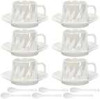 Coffee Cups with Saucers Set of 6, 6.8 oz (200 ml) Ribbed Pearl Ceramic Coffee Mugs, 6 Cups with Saucers and Spoons, Elegant White Coffee Cup Set for Espresso, Cappuccino, Latte, Home and Office by YourLifeCollector