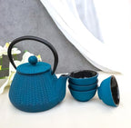 Ebros Gift Traditional Oriental Tetsubin Small Cast Iron 10oz Teapot With Strainer And 4 Mini Tea Cups 1oz Asian Fusion Housewarming Tea Service Drinkware Accent (Royal Blue Tokusa Geometry) by EbrosGift