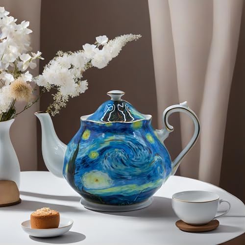 Teapot 30 oz Vangogh Paintings Bone China Loose Tea Pot Floral Design Vintage Ceramic Coffee Water Pot European Style Porcelain (Starry Sky) - Image 4