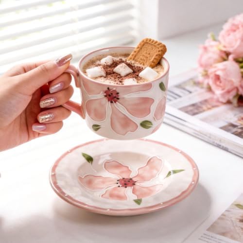 KAMMAK Coffee Cups and Saucers Set of 2, 8.5oz Ceramic Tea Cup with Saucer - Image 3