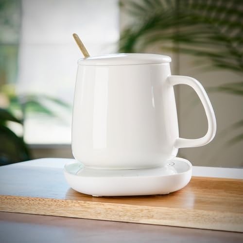 Warm & Cozy Mug Warmer Set - 14 oz White Ceramic Coffee Cup with Lid and Electric Mug Warmer - Image 2