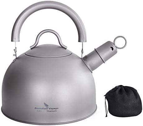 iBasingo 2L/ 67oz Titanium Whistling Tea Kettle for Gas Stove Ultralight Water Jug Outdoor Big Capacity Teapot Water Bottle with Folding Handle and Warning Buzzer for Camping Home Kitchen Ti3097D by BoundlessVoyage