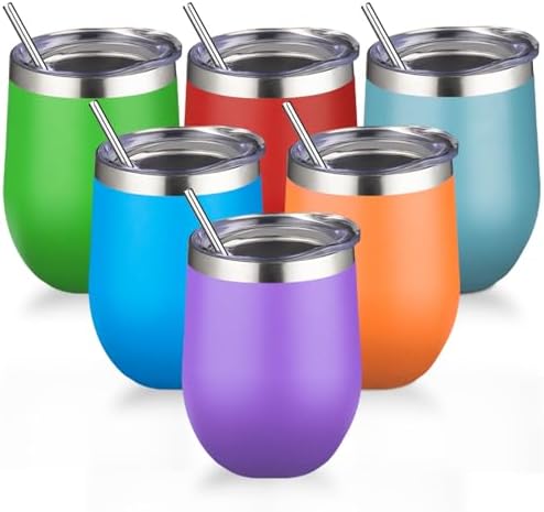 12oz/6 Pack Stainless Steel Wine Tumbler with Lid and Straw, Double Wall Vacuum Insulated Wine Tumbler Glasses, Stemless Travel Mugs for Hot and Cold Drinks, Coffee, Wine, Cocktails by GUDEMAO
