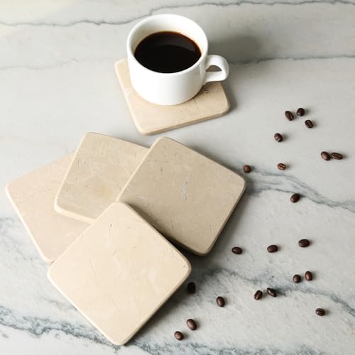 Koville Set of 6 Natural Marble Coasters for Coffee Table with Holder, Beige Yellow Marble Coaster Square 3.9" inches for Table Décor Home Décor, Handmade Luxury Aesthetic Drink Coasters for Dining - Image 6