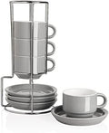 Sweejar Porcelain Espresso Cups with Saucers, 4 Ounce Stackable Cappuccino Cups with Metal Stand for Coffee Drinks, Latte, Tea - Set of 4 (Gray) by Sweejarco1949