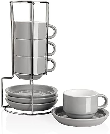 Sweejar Porcelain Espresso Cups with Saucers, 4 Ounce Stackable Cappuccino Cups with Metal Stand for Coffee Drinks, Latte, Tea - Set of 4 (Gray) by Sweejarco1949