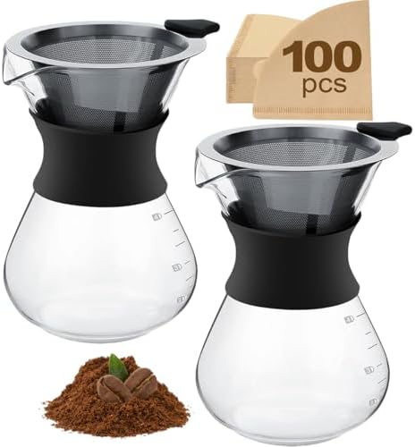 2PCS Pour Over Coffee Maker with Stainless Steel Filter, Glass Coffee Maker Drip Pot with 100pcs Filter Paper, Reusable Glass Coffee Pot Manual Coffee Dripper Brewer for Cafetera, Coffee (2PCS 600 ml) by Unknown