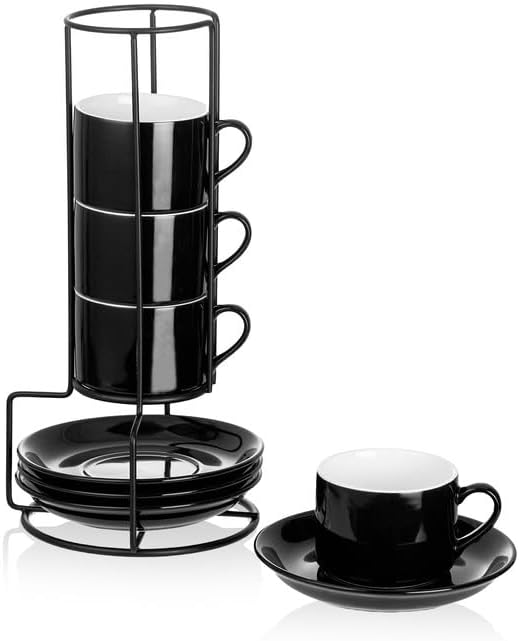 4 OZ Porcelain Stackable Espresso Cups and Metal Stand Set of 4 by MEICHU