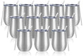 12 Pack Stainless Steel Wine Tumblers, 12Oz Double Wall Vacuum Insulated Wine Tumblers with Lids and Straws, Stainless Steel Stemless Wine Glasses for Coffee, Wine, Cocktails, Champaign, Silver by Lifecapido