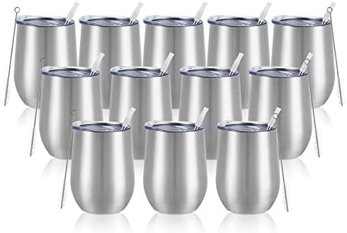 12 Pack Stainless Steel Wine Tumblers, 12Oz Double Wall Vacuum Insulated Wine Tumblers with Lids and Straws, Stainless Steel Stemless Wine Glasses for Coffee, Wine, Cocktails, Champaign, Silver by Lifecapido