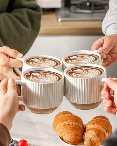 HASENSE 15 oz Ribbed Stackable Ceramic Coffee Mug Set of 4, White & Light Brown Cups with Metal Holder, Dishwasher & Microwave Safe for Cappuccino Tea Hot Cocoa, Wedding Housewarming Gifts - Image 4