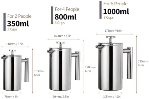 350ml/800ml/1000ml Coffee Maker Pot Press Stainless Steel Double Walled Insulated(800ml) - Image 2