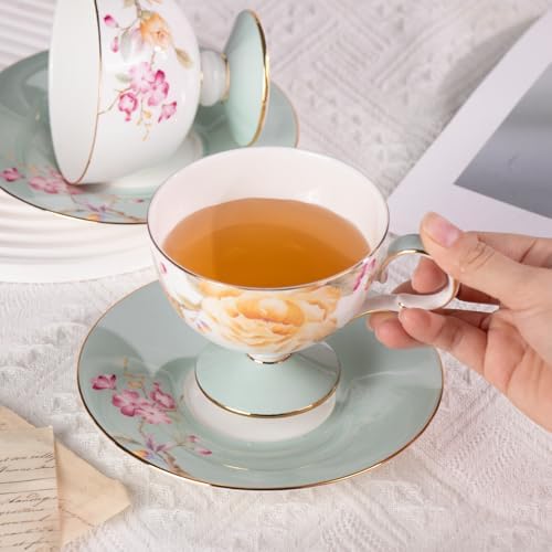 KAMMAK Tea Cups Set of 2,Ceramic Floral Pattern Demitasse Cup - Image 3